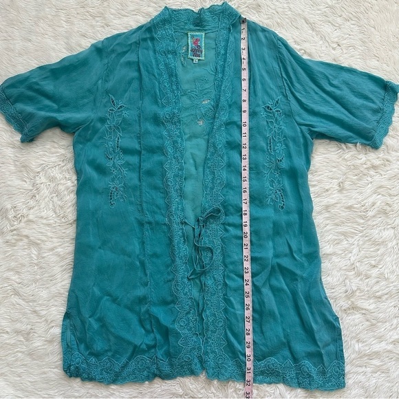 Johnny Was Top Kimono Short Sleeve Tie Front Embroidered Light Blue L - Picture 10 of 11